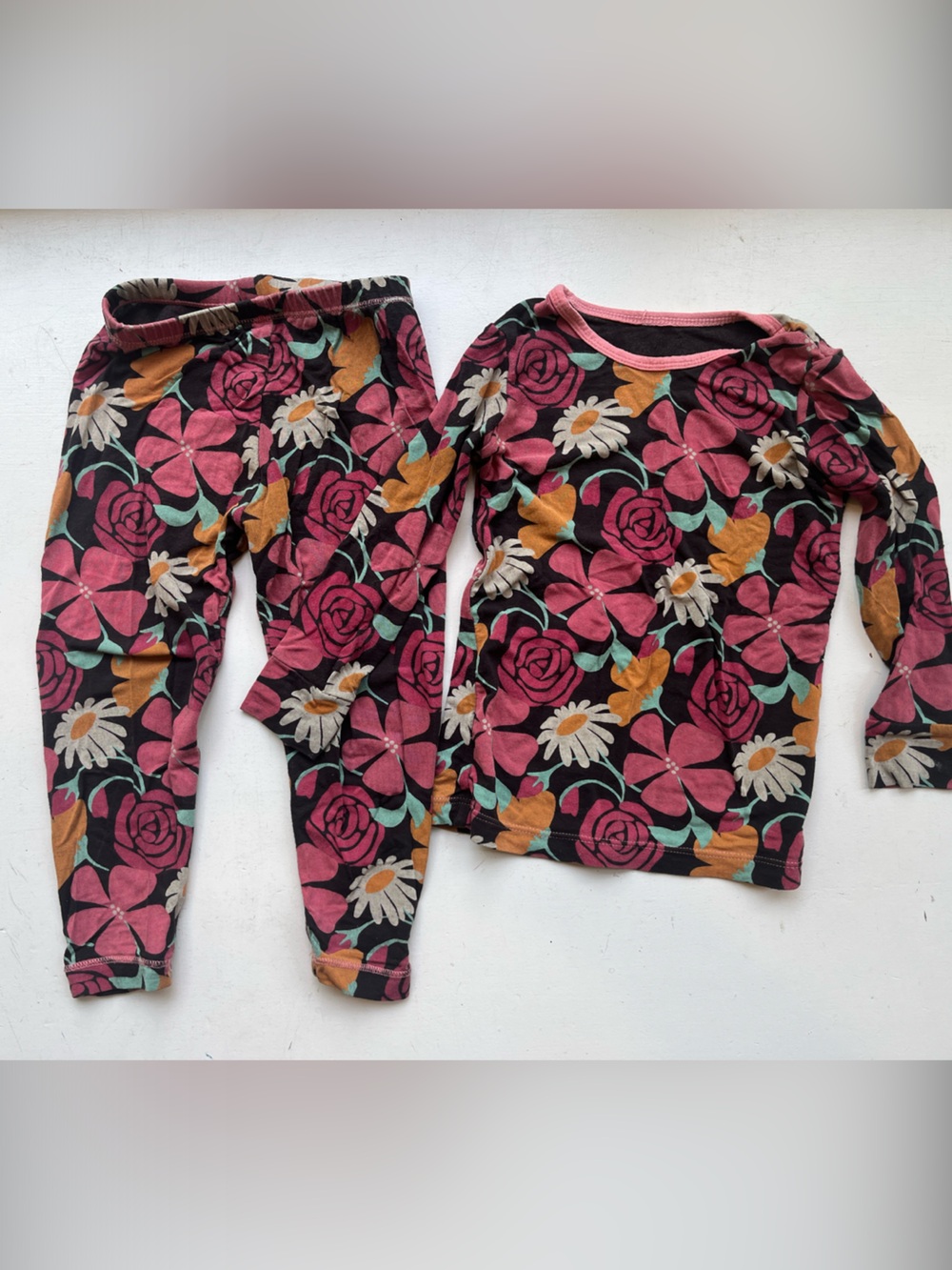 Bamboo Kickee Pants Two-Piece Pajama Set - Pink Flowers Floral Girls